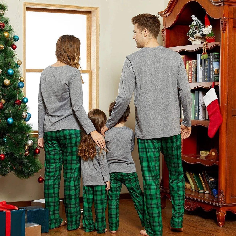 Elf Squad Family Matching Christmas Pajamas Green Plaid Set