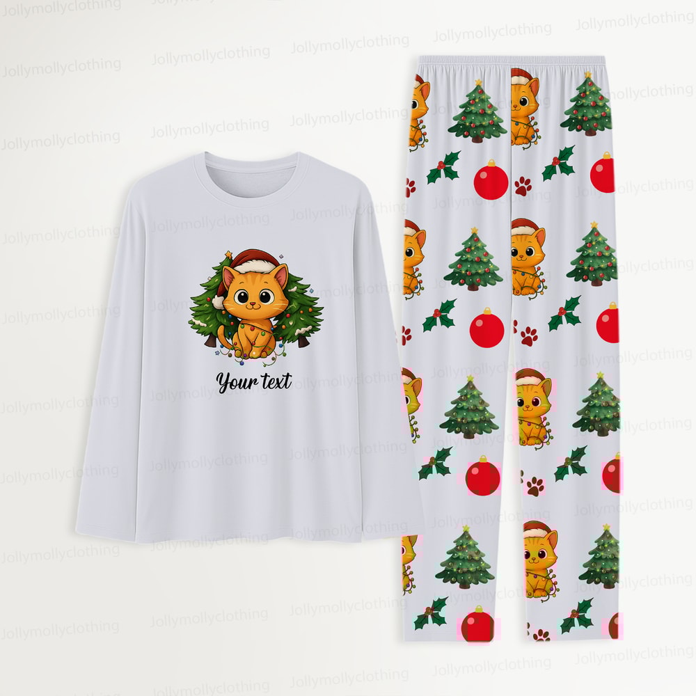 Custom Christmas Cat Matching Family Pajama Set with Personalized Text and Festive Print Pants