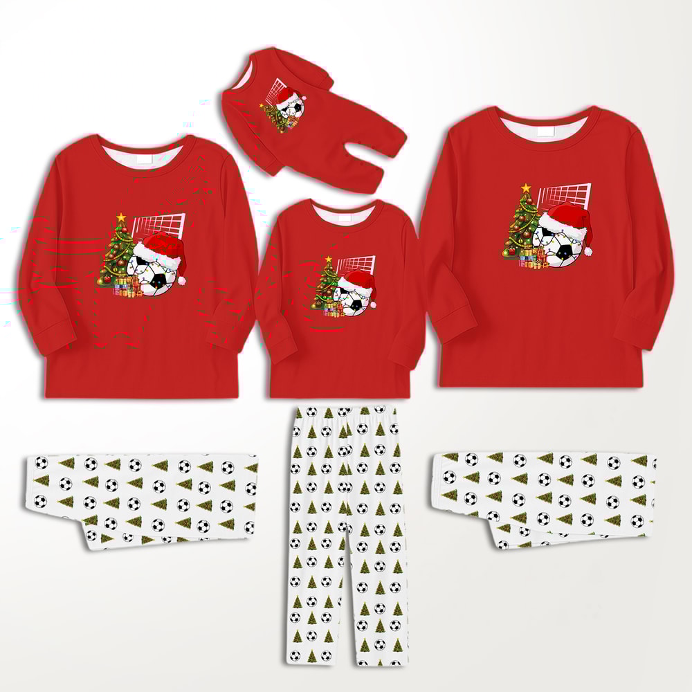 Red Soccer Santa Family Christmas Pajamas with Pet Outfit Matching Set
