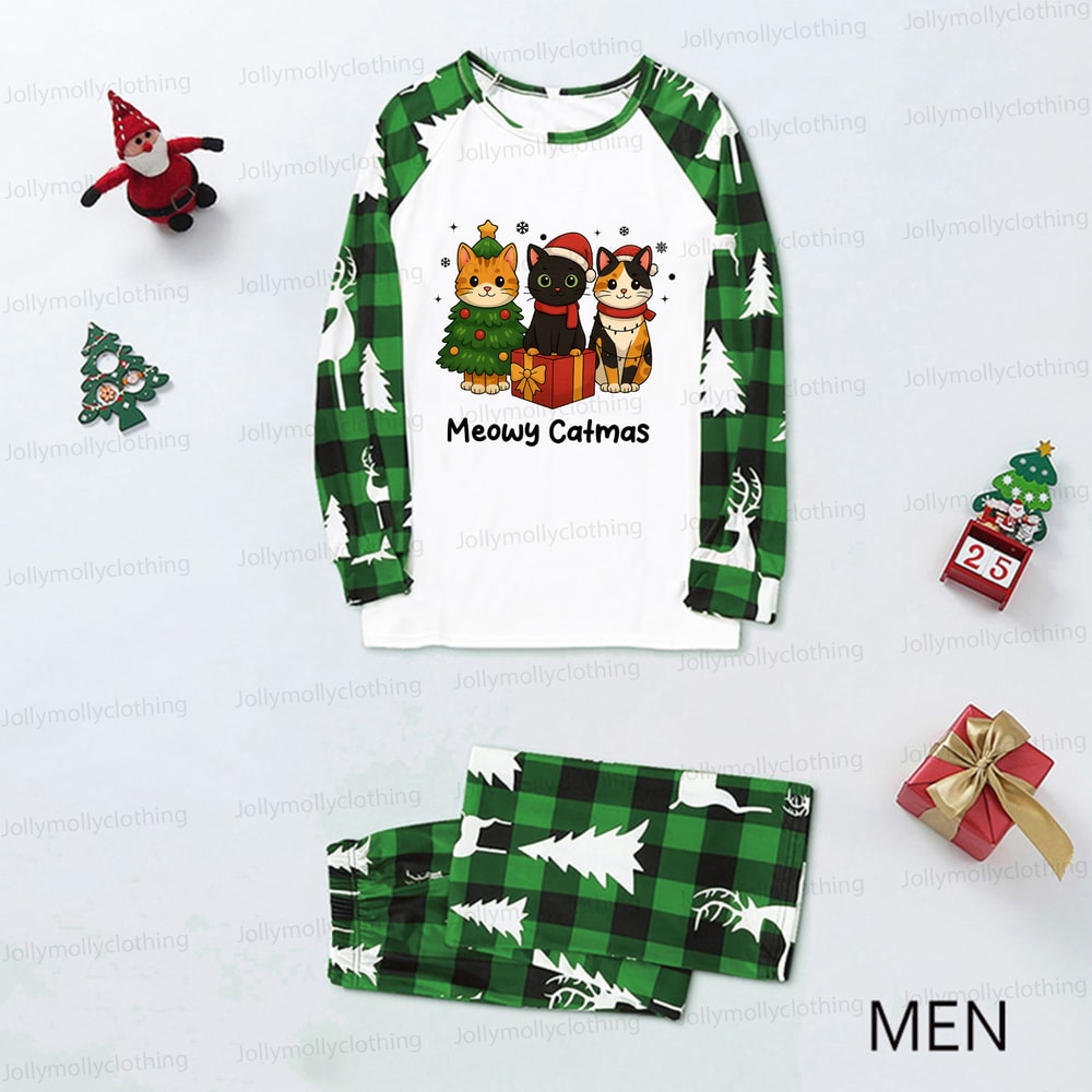 Christmas Cat Squad Meowy Catmas Matching Pajamas with Green Plaid Bottoms