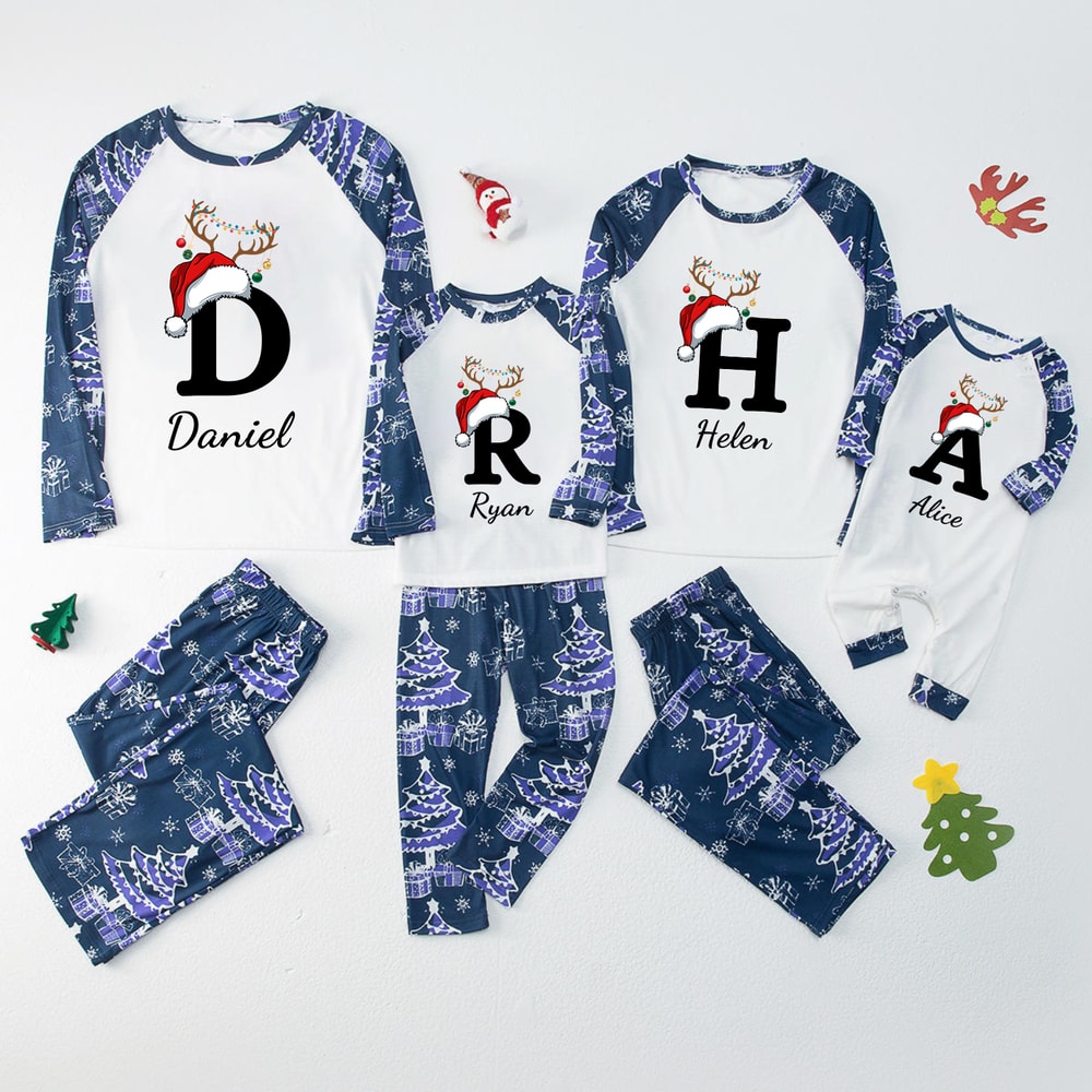 Custom Christmas Monogram Blue Family Matching Pajamas