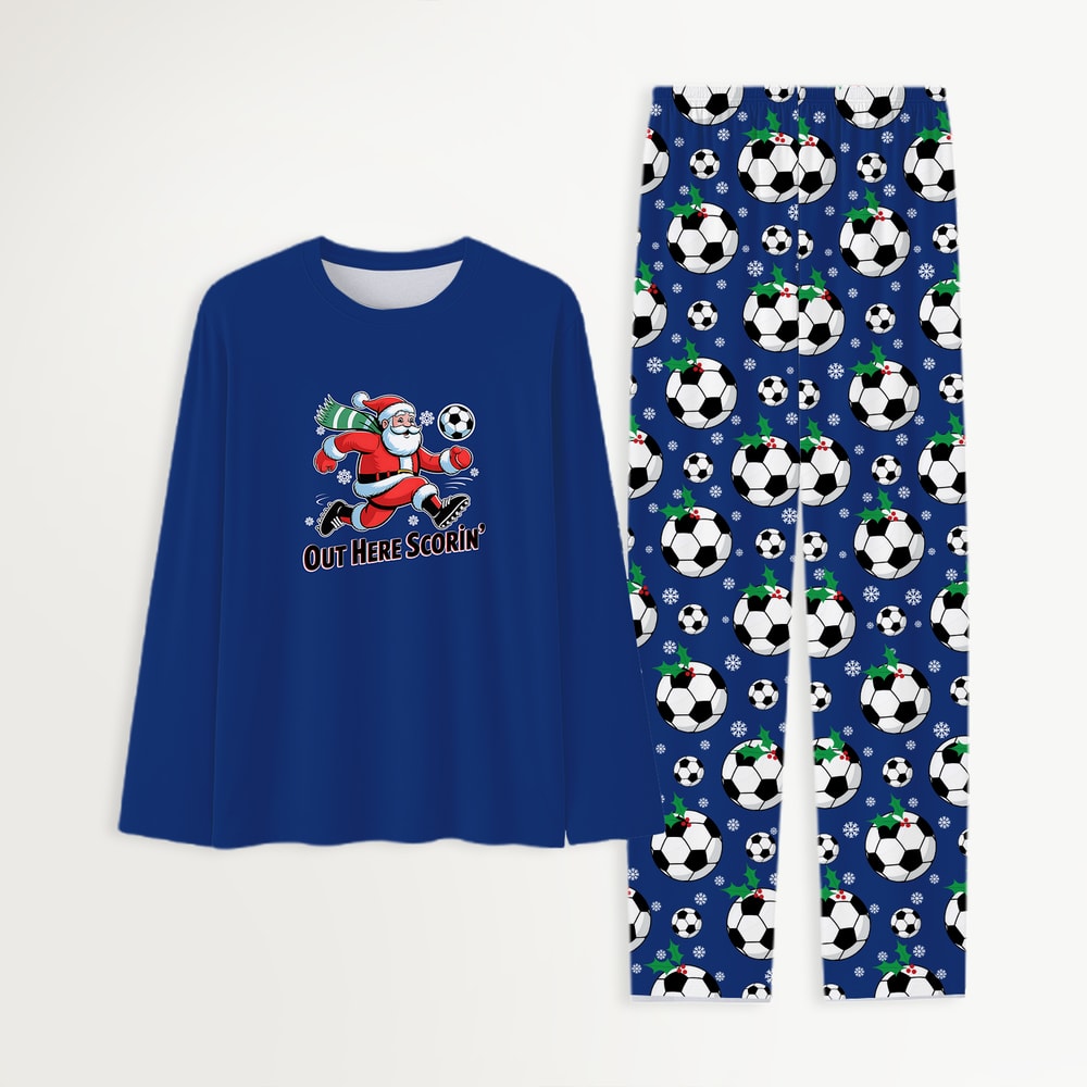 Out Here Scorin Santa Soccer Matching Family Christmas Pajamas Navy Blue Set