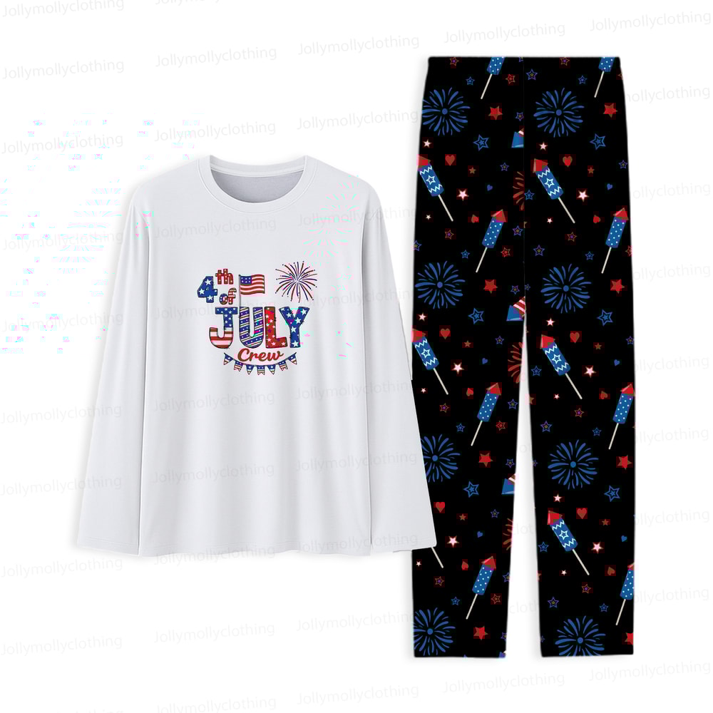 Fourth of July Crew Matching Family Pajamas White Top Black Fireworks Pants