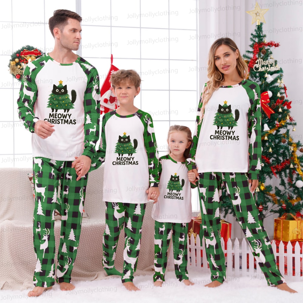 Green Family Christmas Pajama Set Meowy Christmas Cat