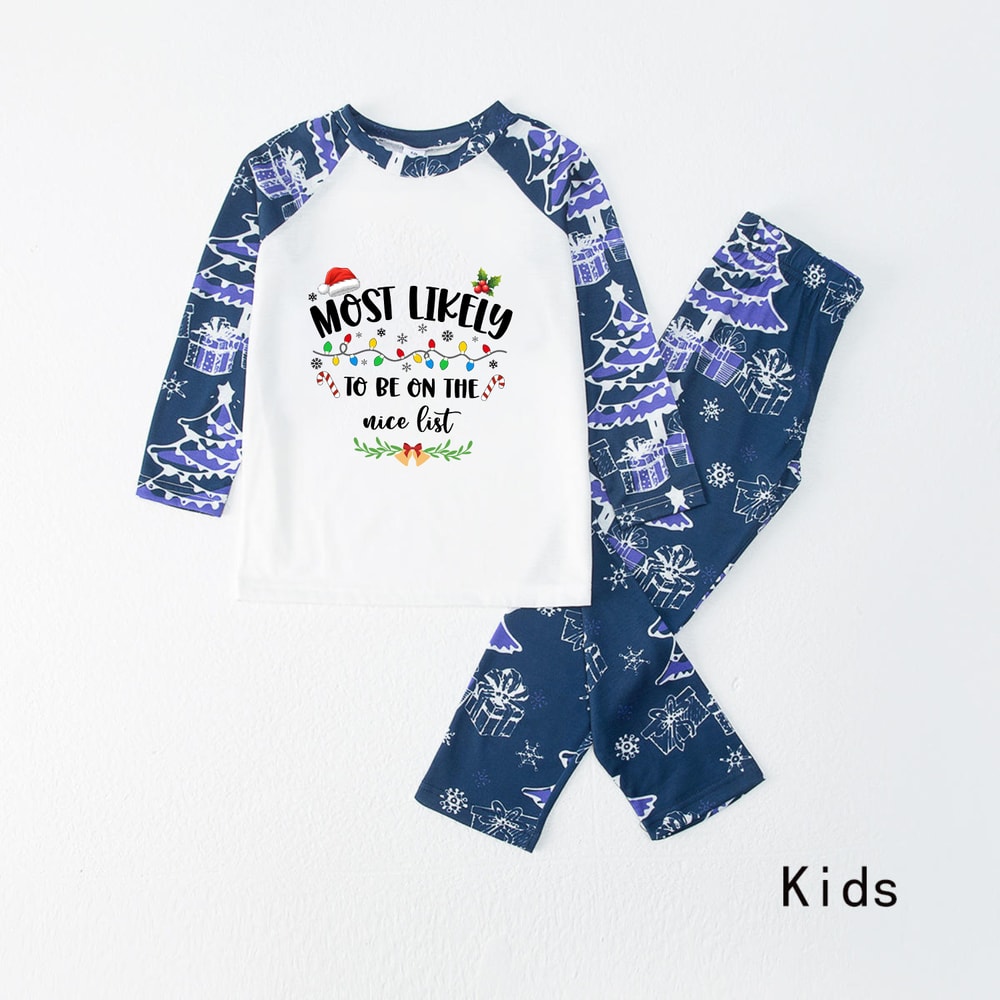 Funny Most Likely Christmas Pajamas Navy Blue Tree Pattern Set