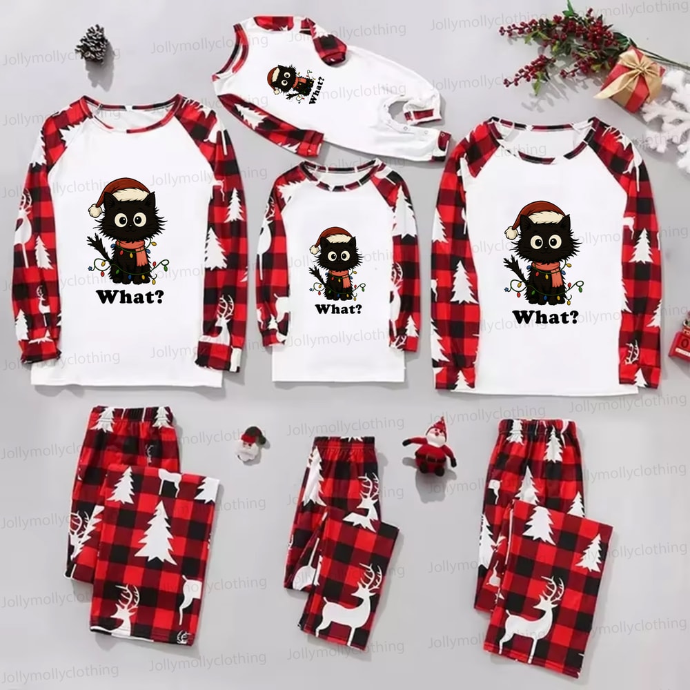 What? Christmas Cat Matching Family Pajamas with Red Plaid Reindeer Pattern