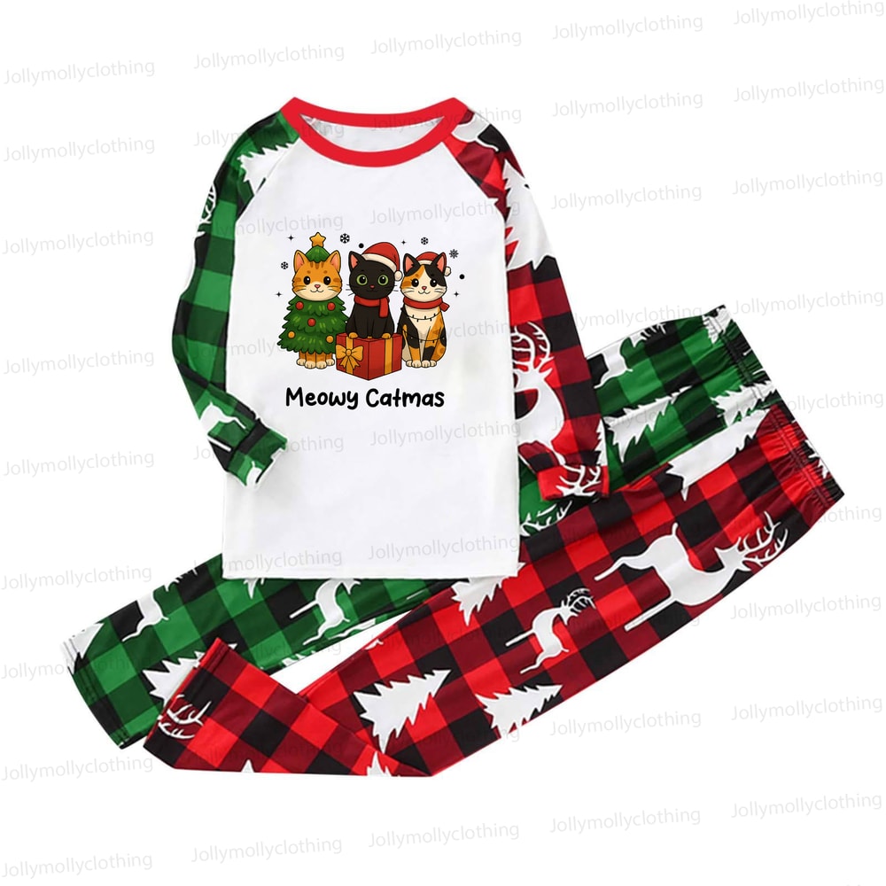 Christmas Cat Squad Family Pajama Set with Red and Green Plaid Holiday Print