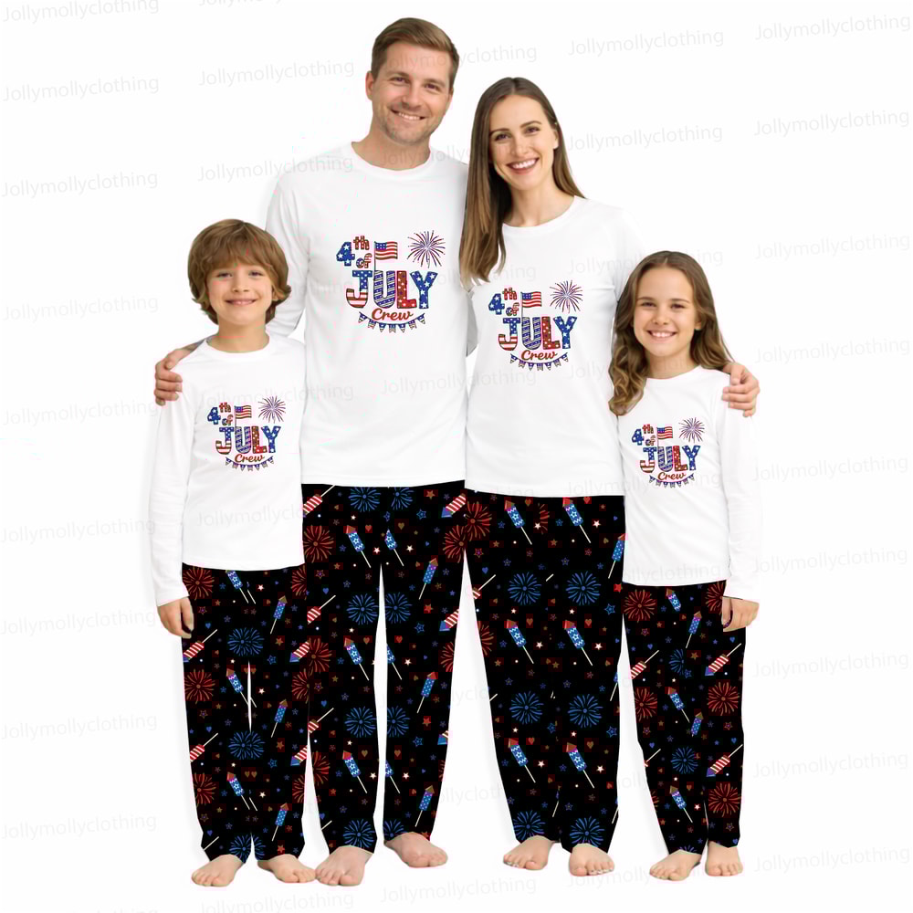Fourth of July Crew Matching Family Pajamas White Top Black Fireworks Pants