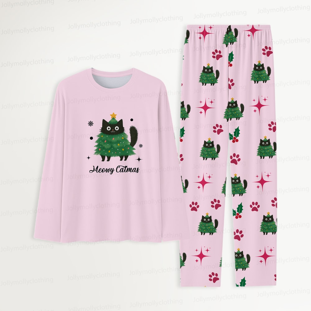 Pink Holiday Meowy Catmas Pajamas for Family and Pets with Cute Cat Print