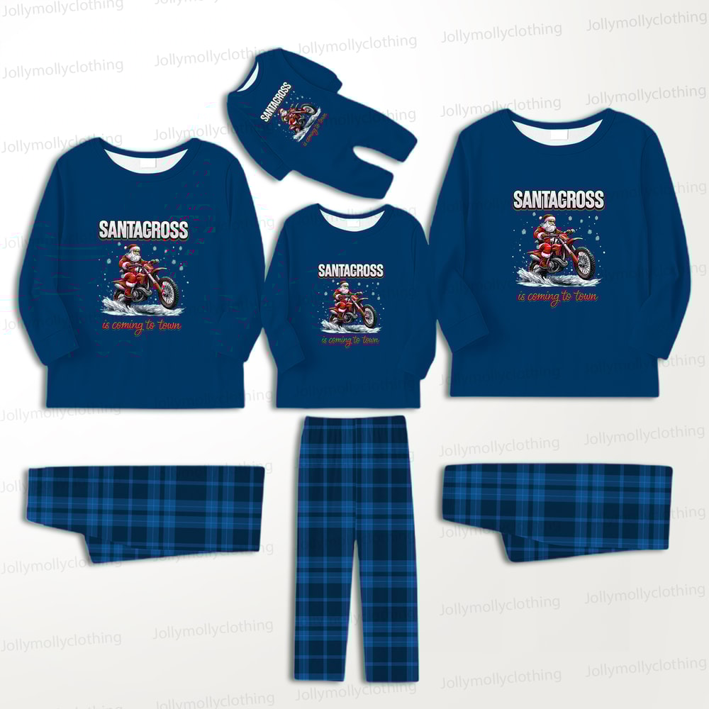 Santacross Motocross Blue Family Christmas Pajamas