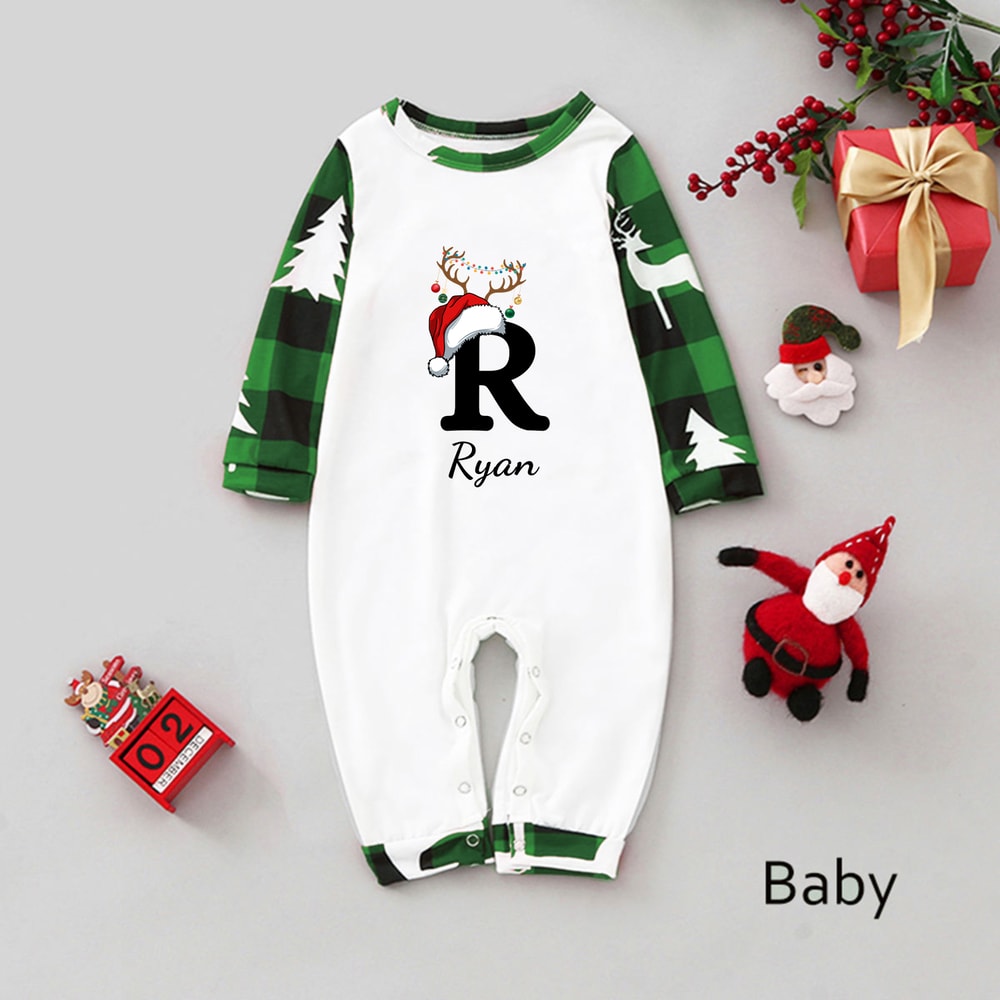 Personalized Christmas Monogram Green Family Matching Pajamas