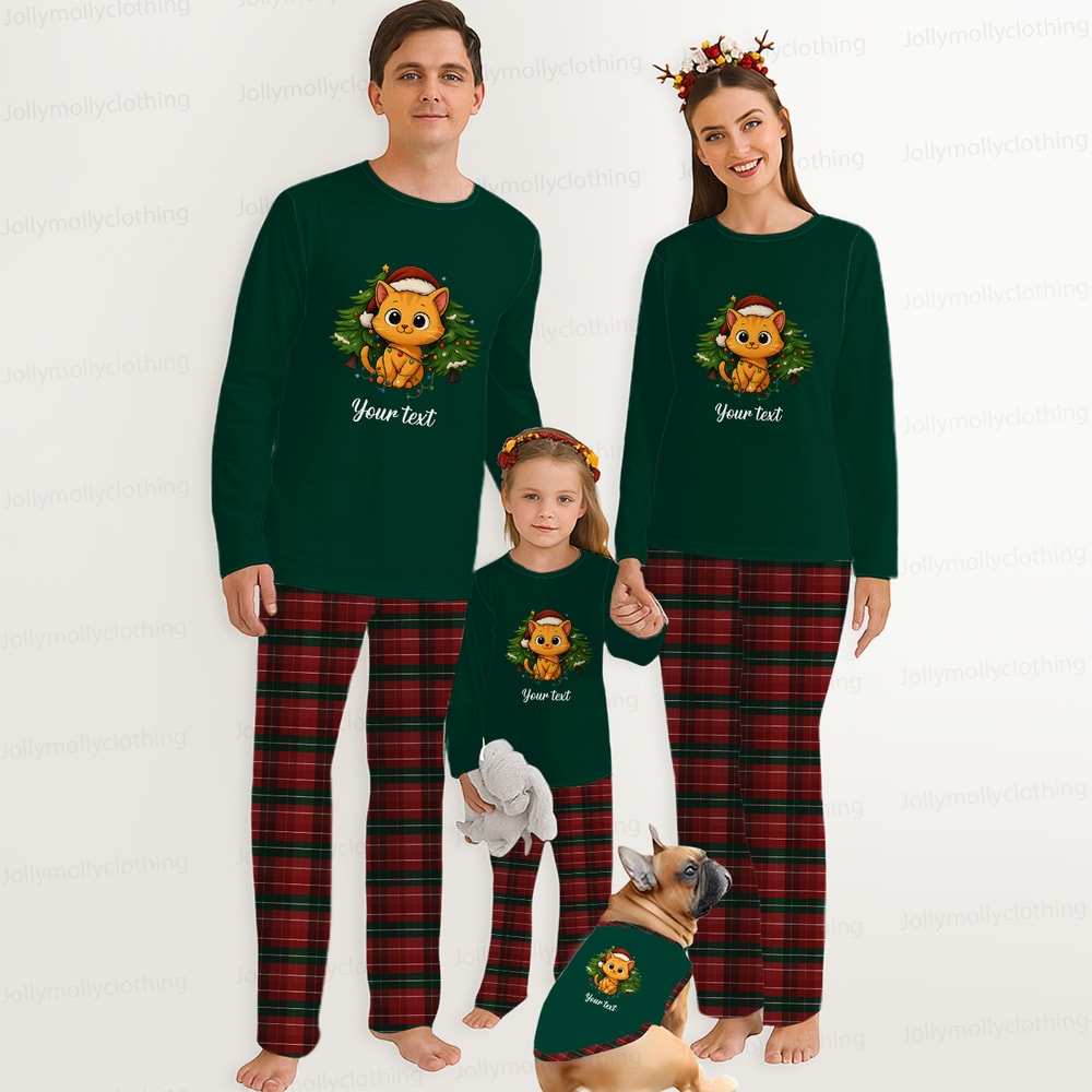 Personalized Christmas Cat Family Pajamas with Custom Text and Red Plaid Pants