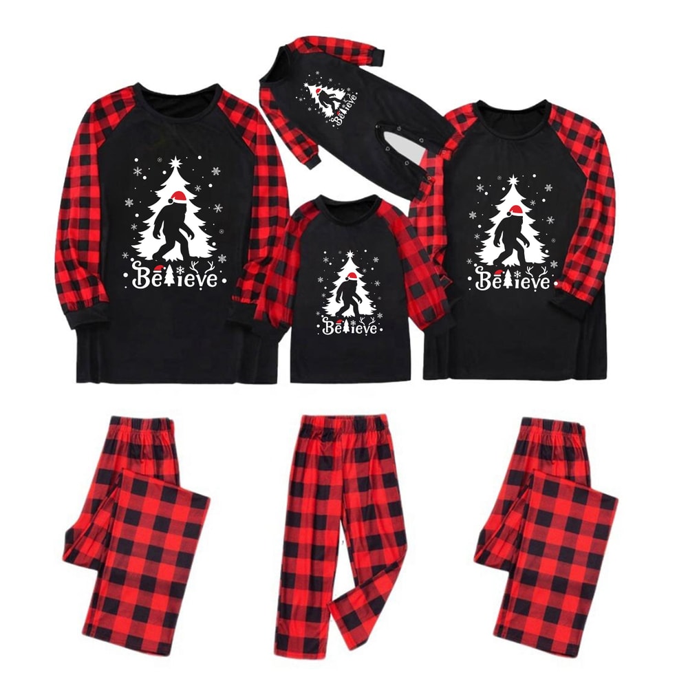 Bigfoot Believe Family Matching Christmas Pajamas Red Buffalo Plaid Set