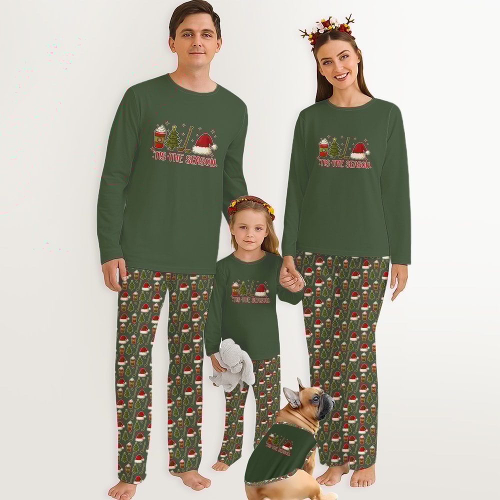 Hockey Christmas Family Matching Pajamas Tis The Season Green Set