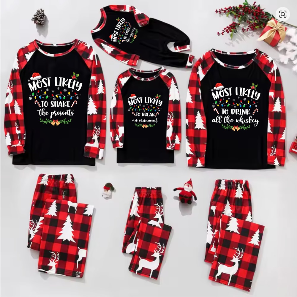 Most Likely To Christmas Family PJs Red Reindeer Buffalo Plaid Set