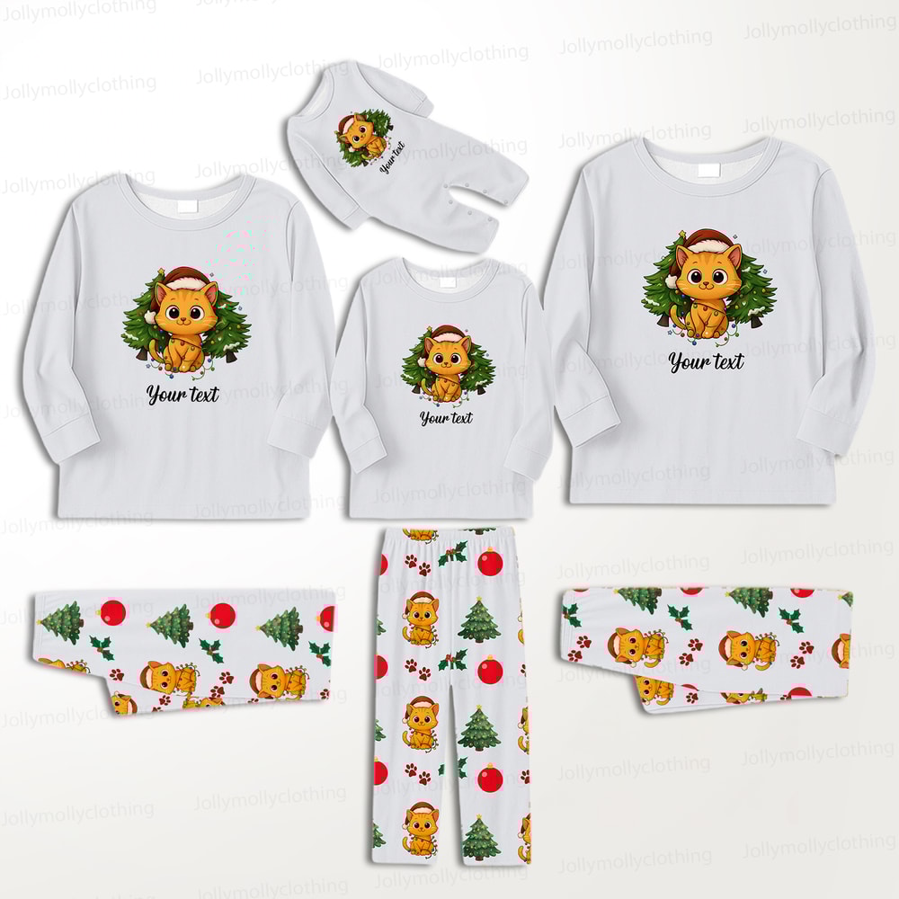 Custom Christmas Cat Matching Family Pajama Set with Personalized Text and Festive Print Pants