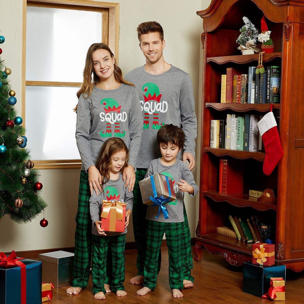 Elf Squad Family Matching Christmas Pajamas Green Plaid Set