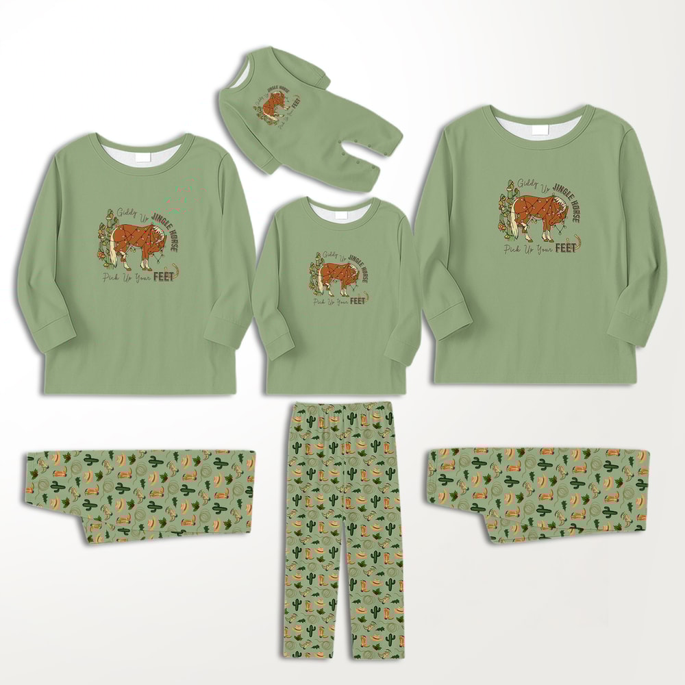 Giddy Up Jingle Horse Western Family Matching Pajamas Green