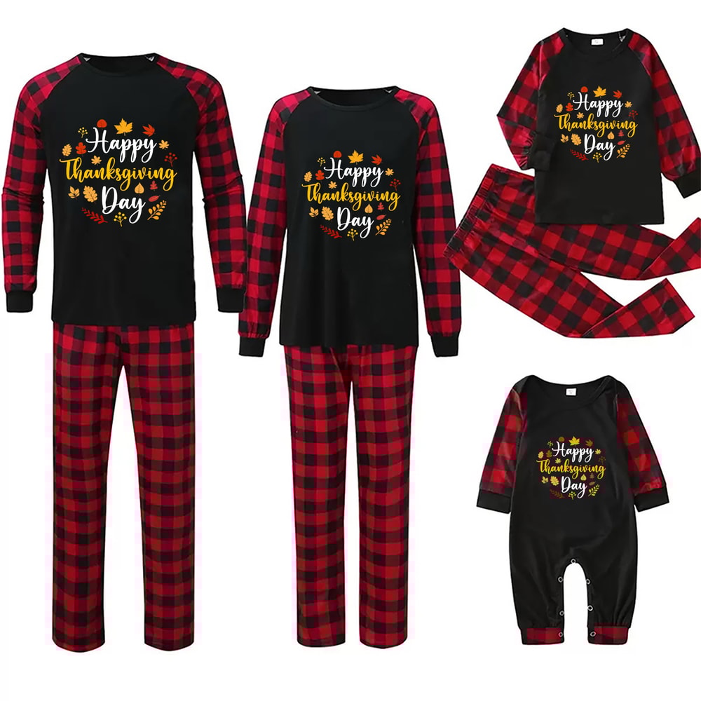 Happy Thanksgiving Day Family Matching Pajamas Red Black Buffalo Plaid