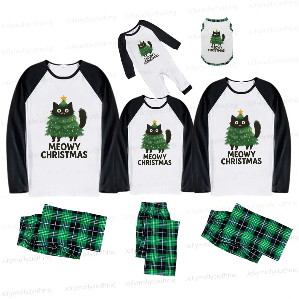 Green Plaid Meowy Christmas Cat Family Pajama Set