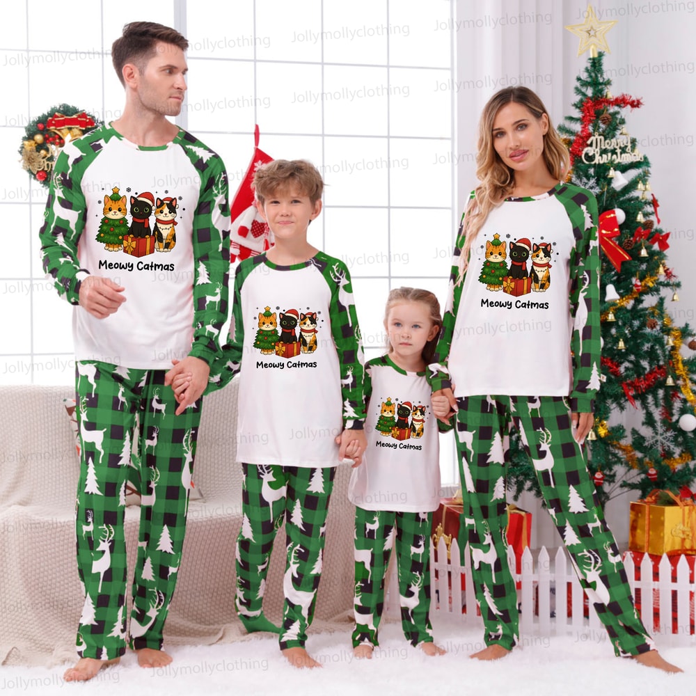 Christmas Cat Squad Meowy Catmas Matching Pajamas with Green Plaid Bottoms