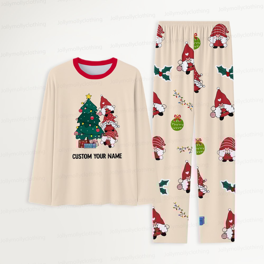 Custom Name Matching Family Christmas Pajama Set with Holiday Gnome