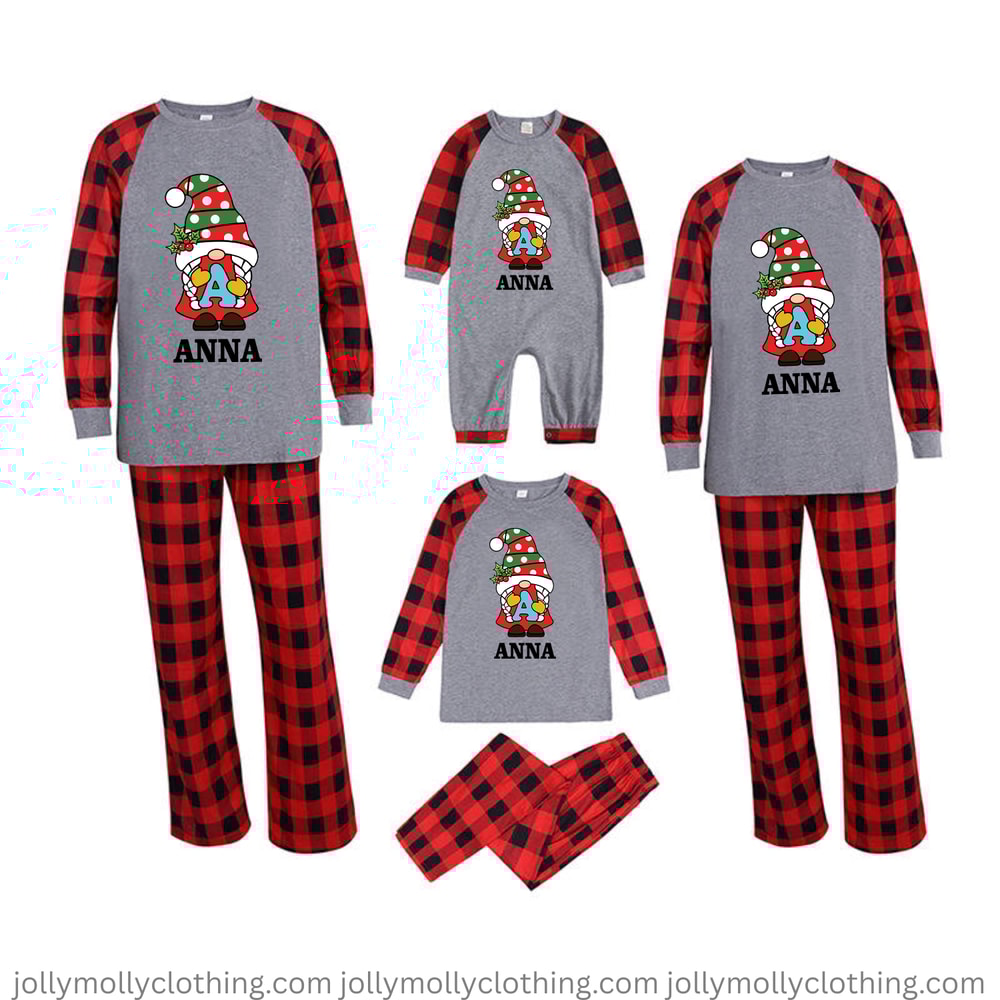 Custom Name Christmas Family Pajamas Gnome Print Gray and Red Plaid Matching Set