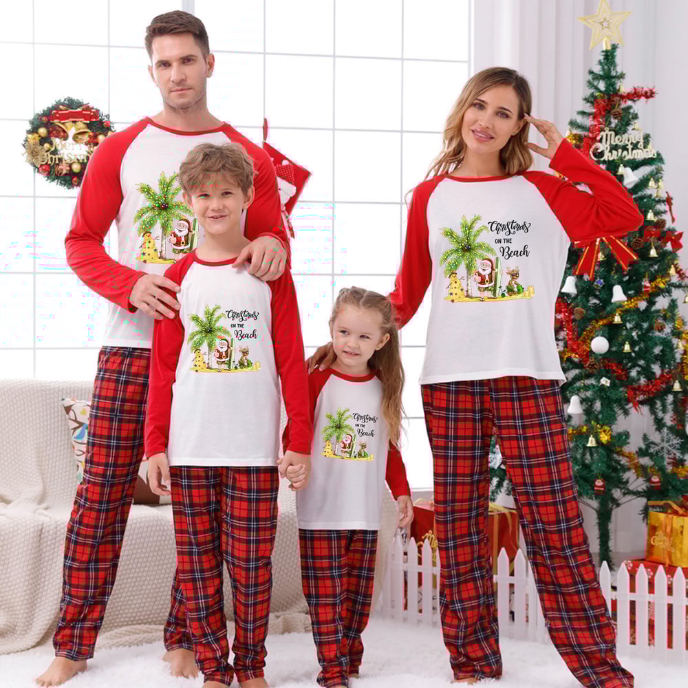 Christmas on the Beach Matching Family Pajamas Red Plaid Holiday Sleepwear Set