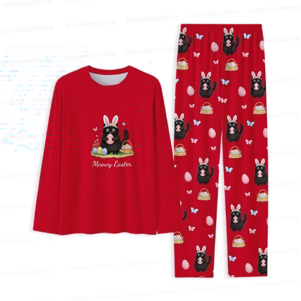 Meowy Easter Matching Family Pajamas Red Long Sleeve Set