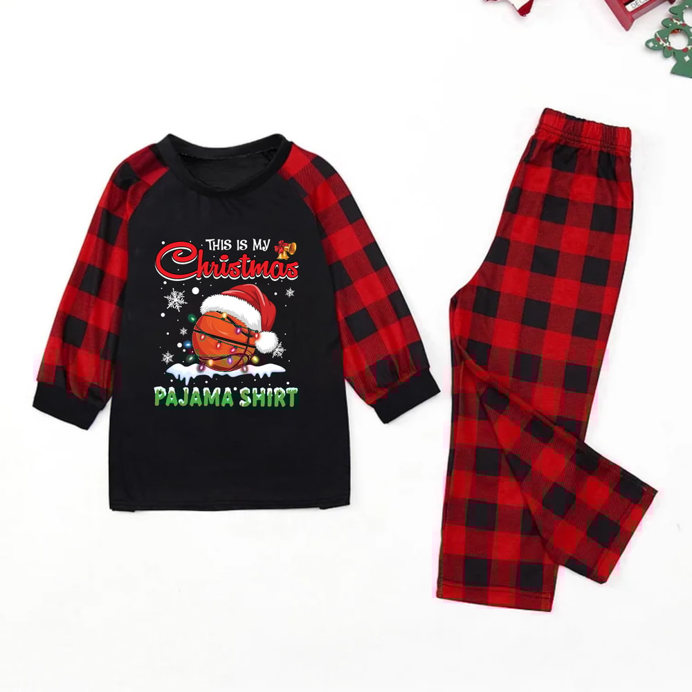 Red Plaid Basketball Christmas Pajama Shirt Matching Family PJs Set"