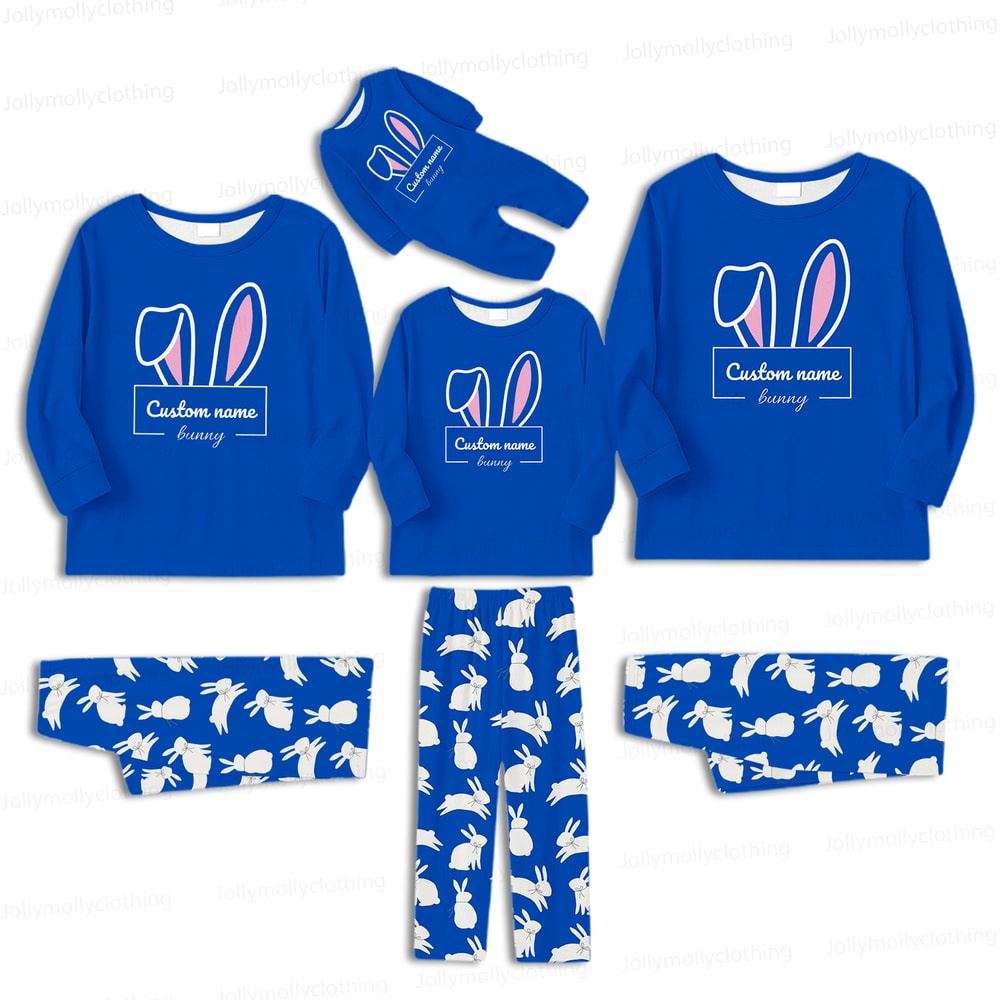 Personalized Bunny Matching Family Pajamas Royal Blue Easter Sleepwear
