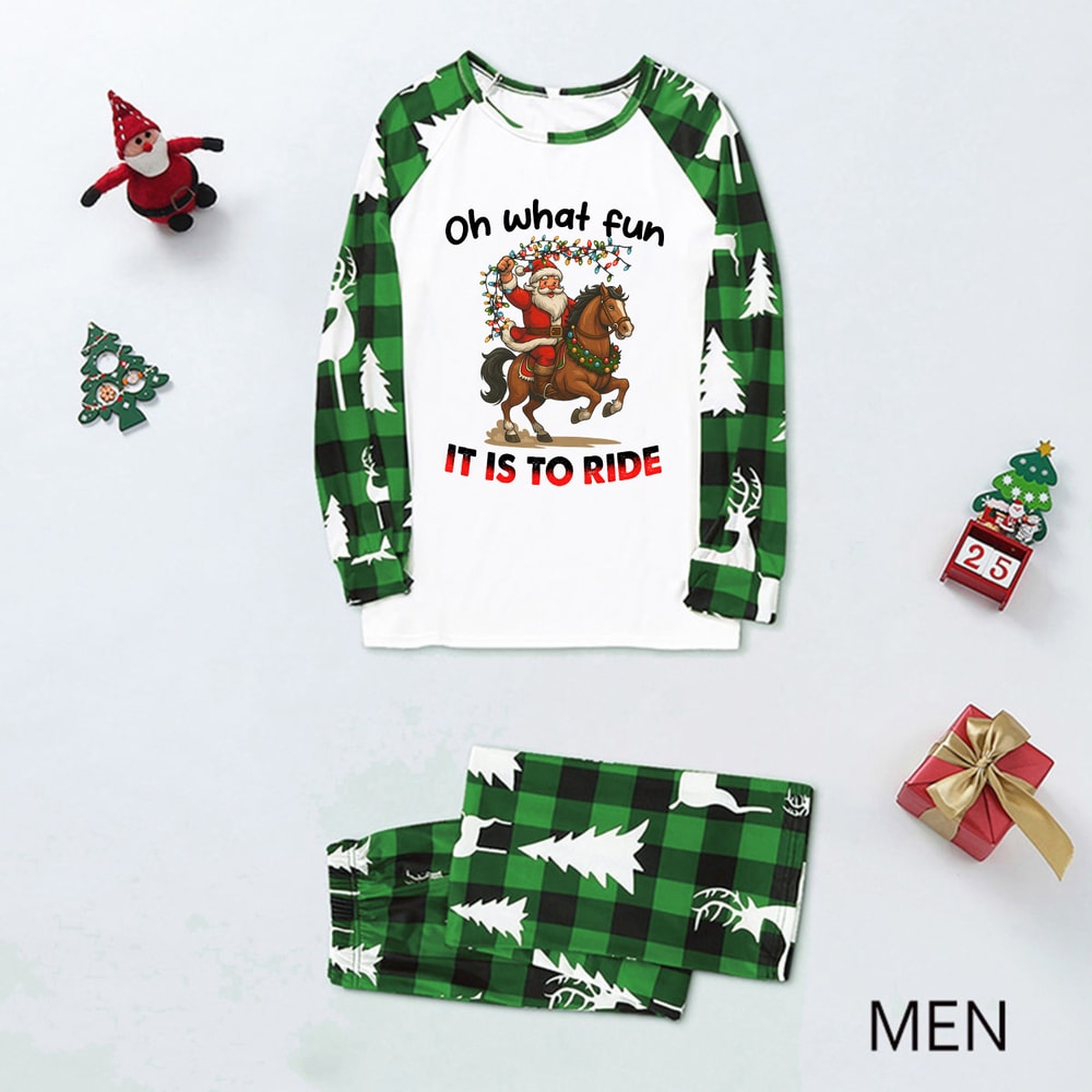 Festive Green Plaid Family Matching Pajamas Santa Horse Ride Design