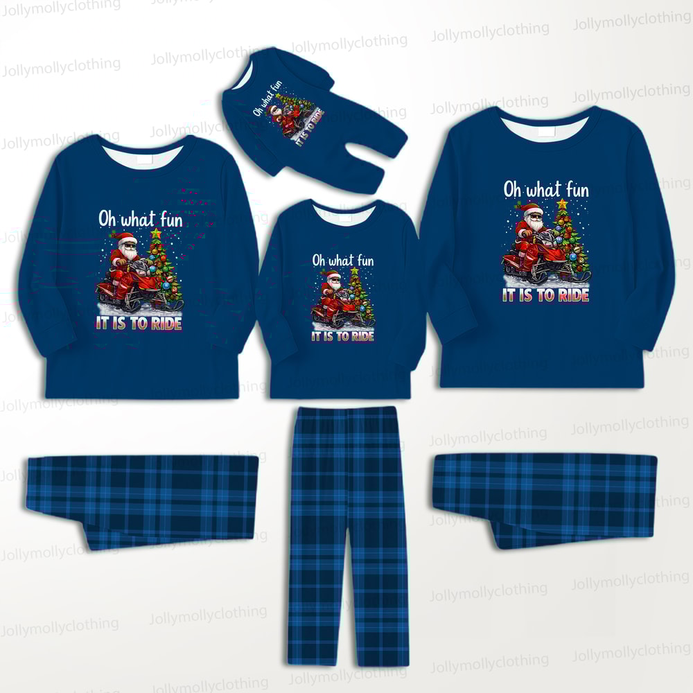 Santa on a Motorcycle Blue Family Matching Christmas Pajamas with Dog Outfit