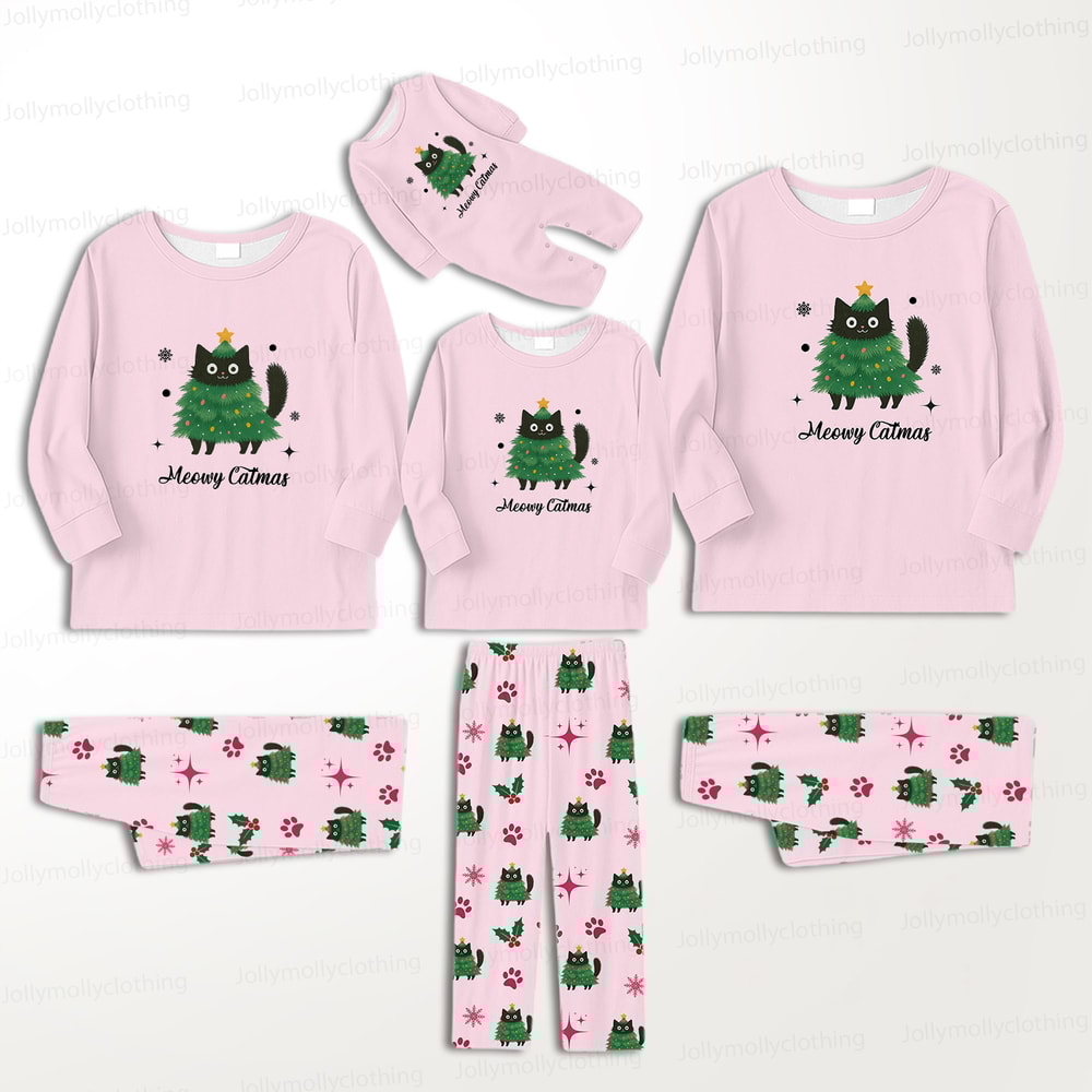 Pink Holiday Meowy Catmas Pajamas for Family and Pets with Cute Cat Print