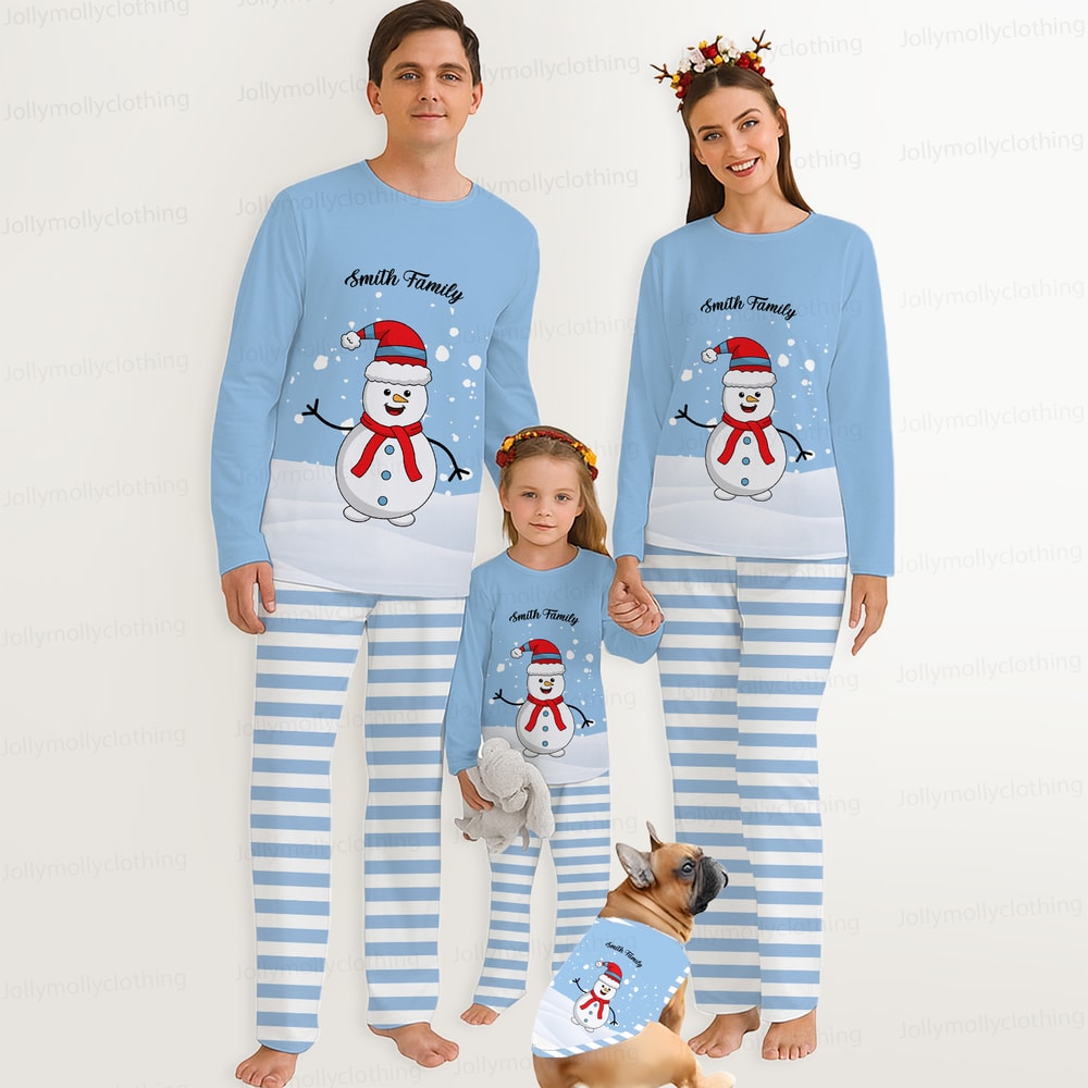 Custom Name Blue Snowman Holiday Pajamas for Family & Dog