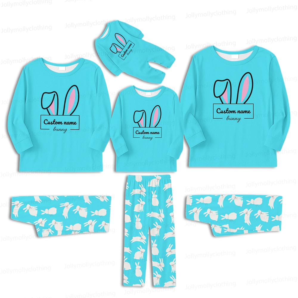Custom Name Bunny Matching Family Pajama Set Long Sleeve Easter Sleepwear