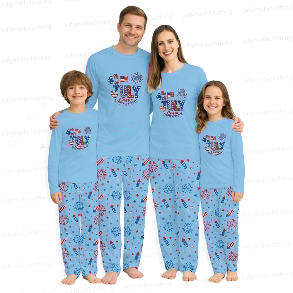 Fourth of July Crew Matching Family Pajamas Fireworks Patriotic Blue Set