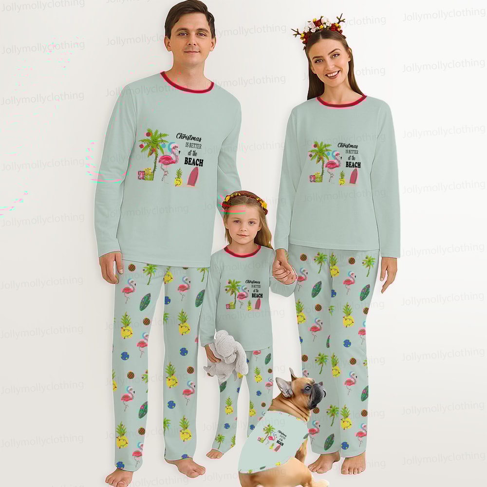Beach Theme Mint Green Matching Family Christmas Sleepwear with Pet Shirt