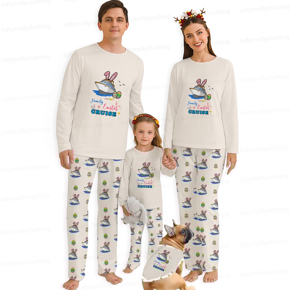 Family Easter Cruise Matching Pajamas with Dog Cream Long Sleeve Sleepwear