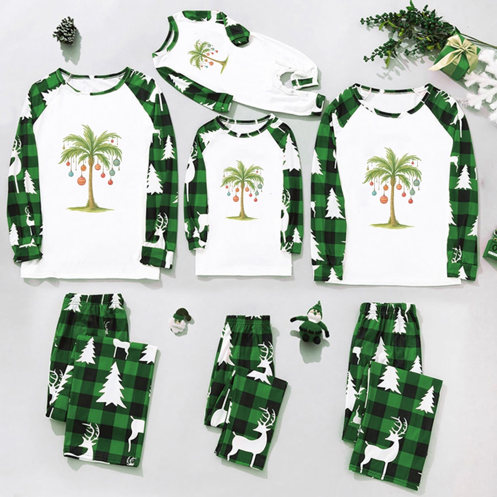 Tropical Christmas Palm Tree Family Pajamas Green Plaid Matching Sleepwear