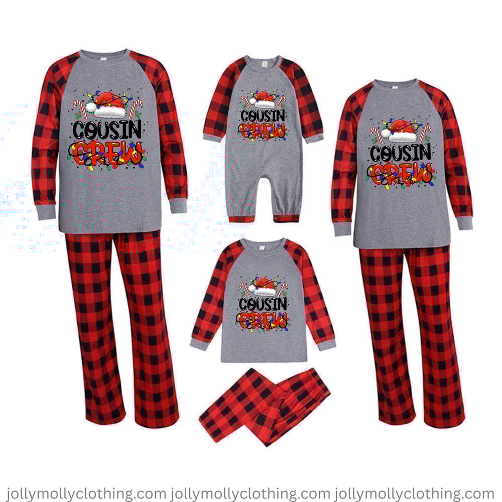 Gray Red Buffalo Plaid Cousin Crew Christmas Family Matching Pajamas