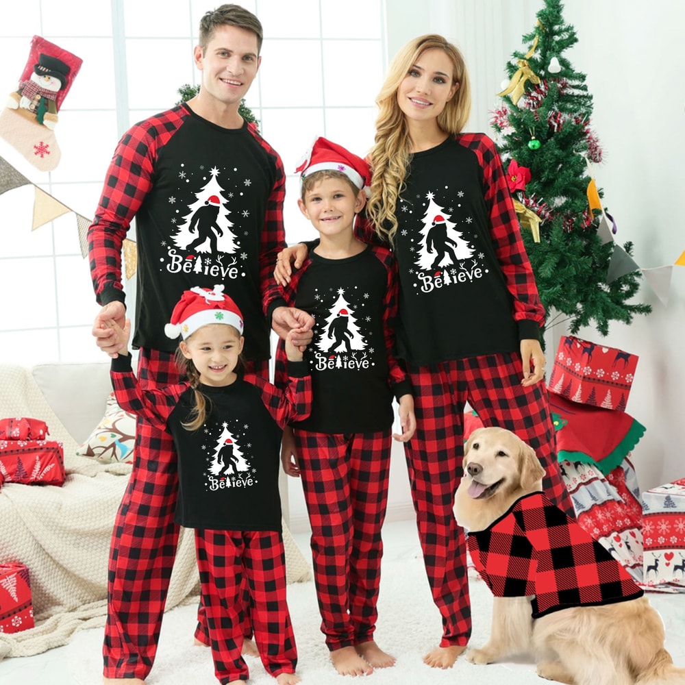 Bigfoot Believe Family Matching Christmas Pajamas Red Buffalo Plaid Set