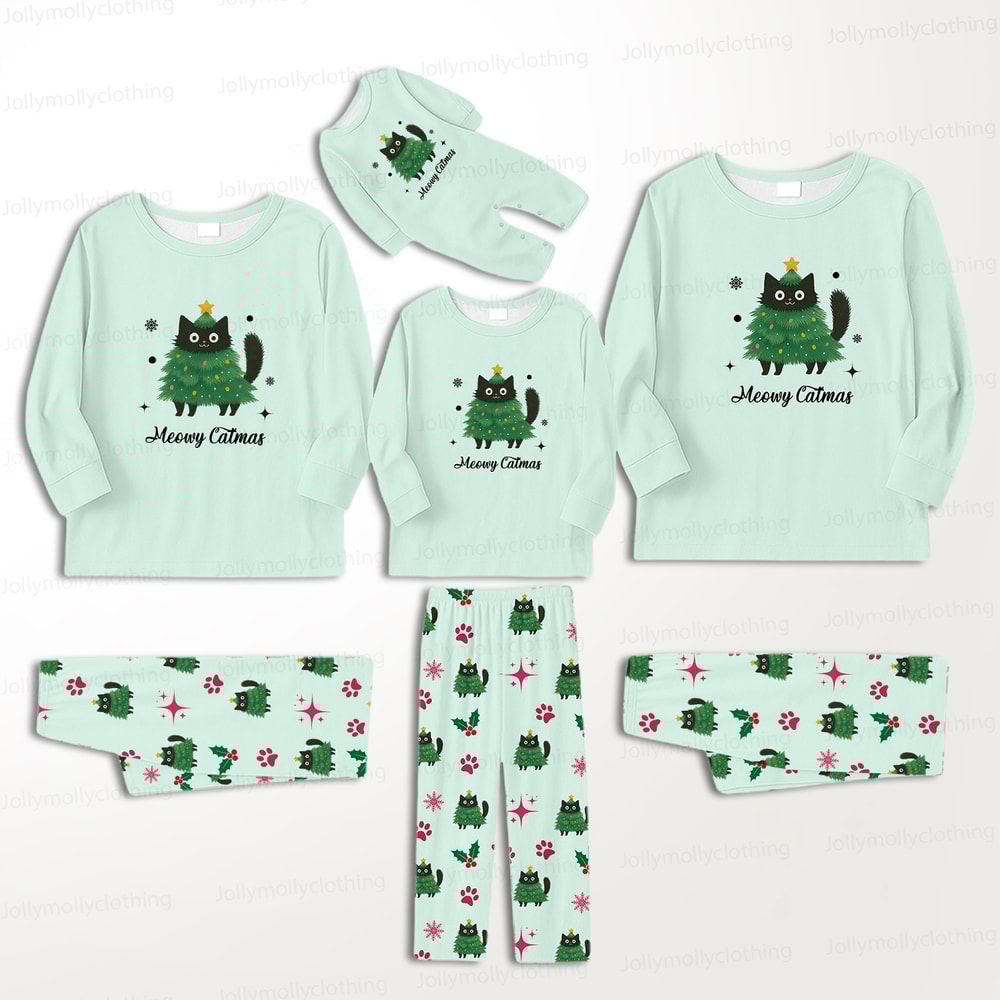 Mint Green Meowy Catmas Matching Holiday Pajamas for Family and Pets