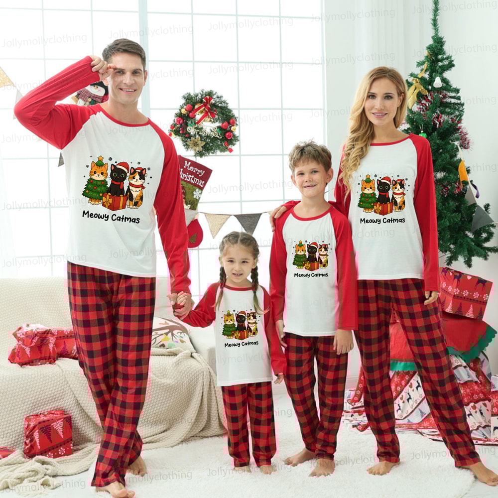 Christmas Cat Squad Matching Family Pajamas in Red Buffalo Plaid