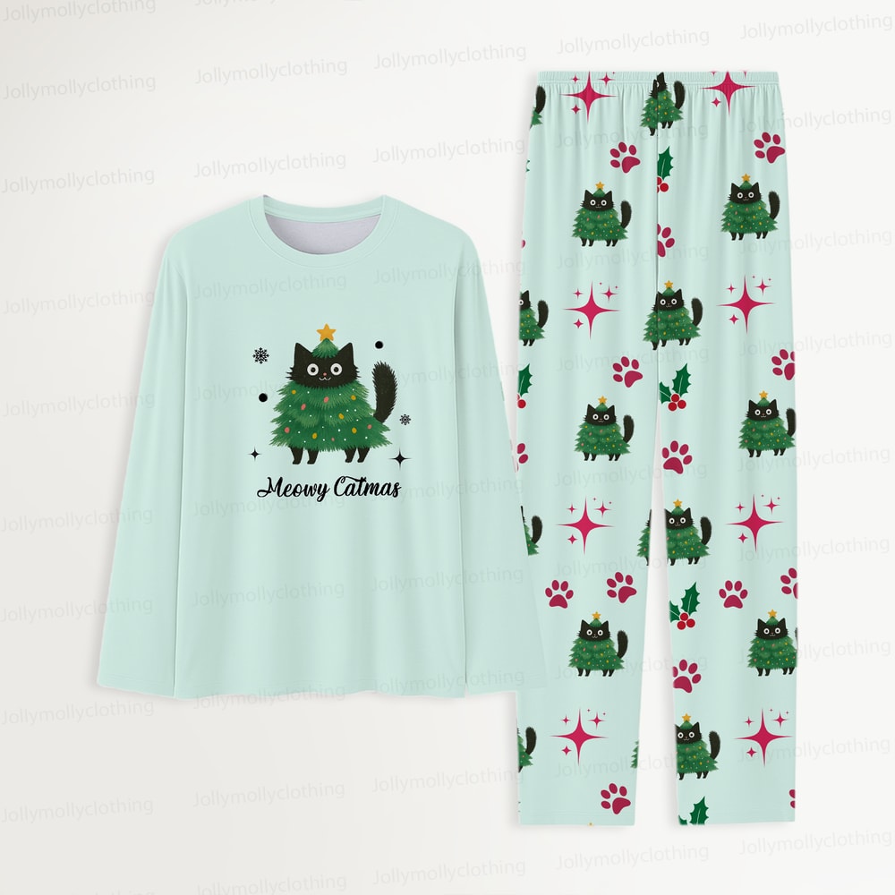 Mint Green Meowy Catmas Matching Holiday Pajamas for Family and Pets