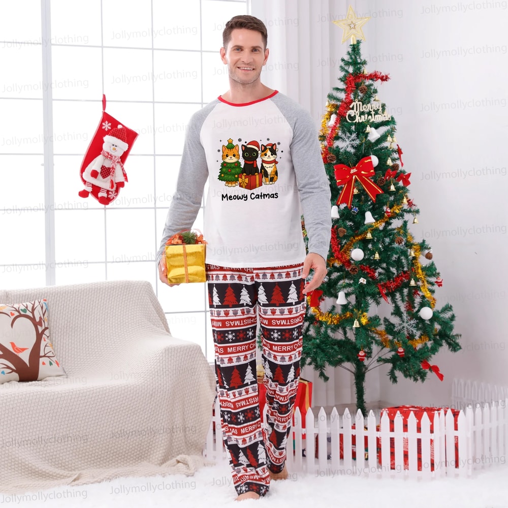Meowy Catmas Family Pajamas with Cute Christmas Cats and Holiday Print Pants