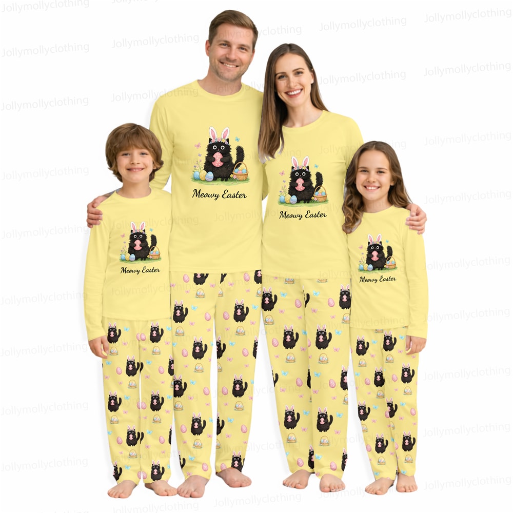 Easter Matching Family Pajamas Yellow Set Long Sleeve Cat Bunny Print Sleepwear for Mom Dad Kids