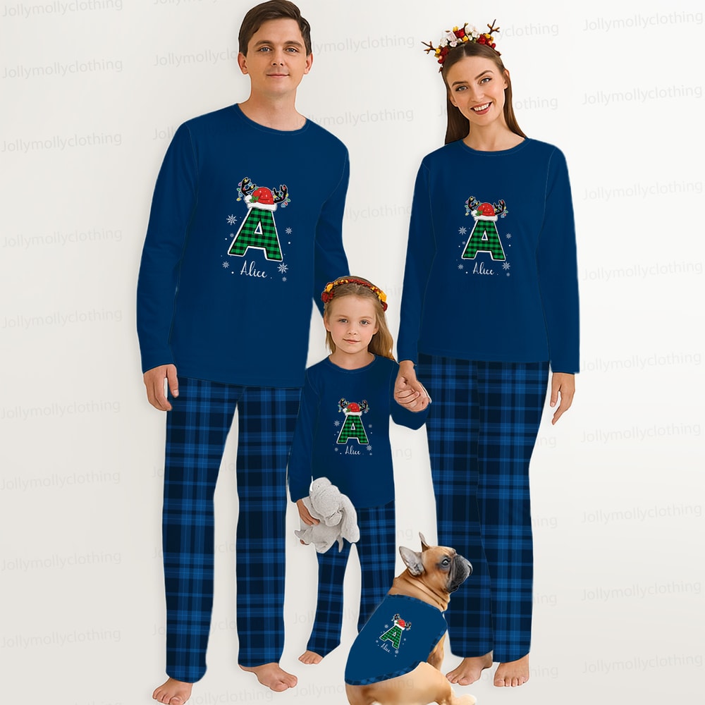 Personalized Initial Christmas Matching Family Pajama Set Navy