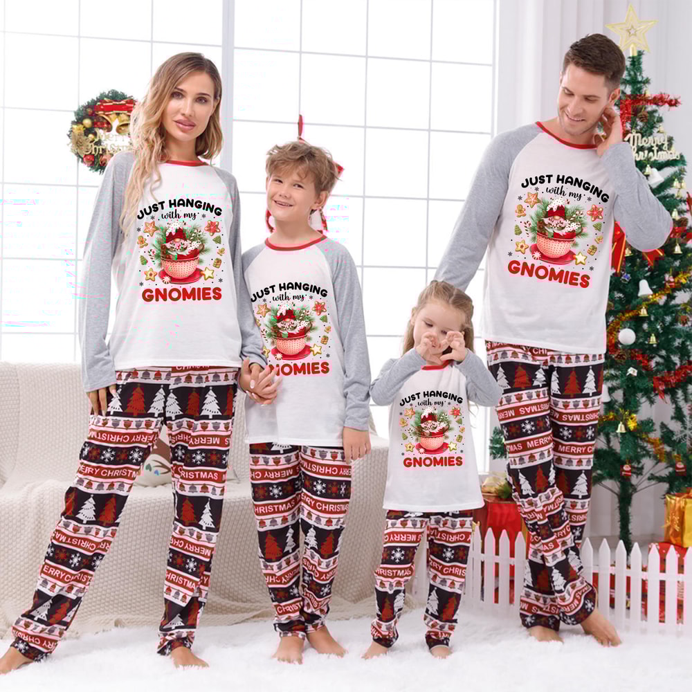 Just Hanging With My Gnomies Christmas Family PJs Gray Merry Christmas