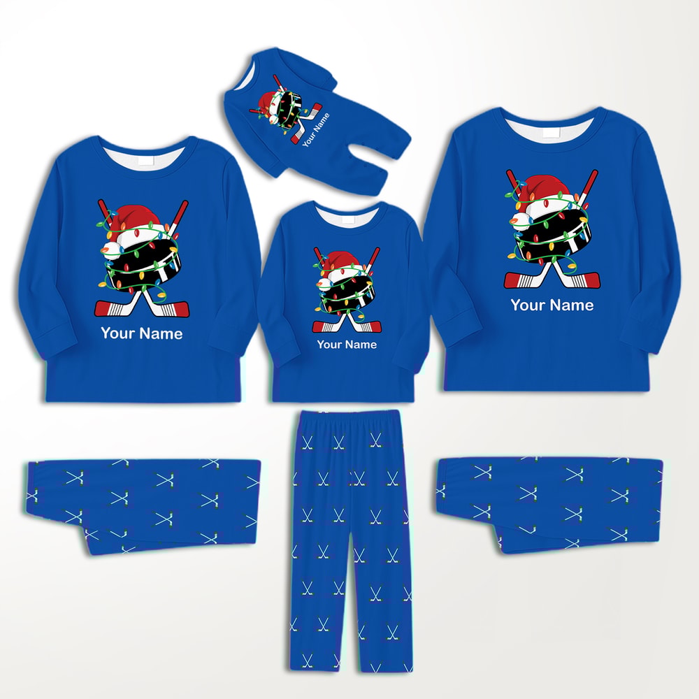 Personalized Hockey Family Christmas PJs Blue with Custom Names